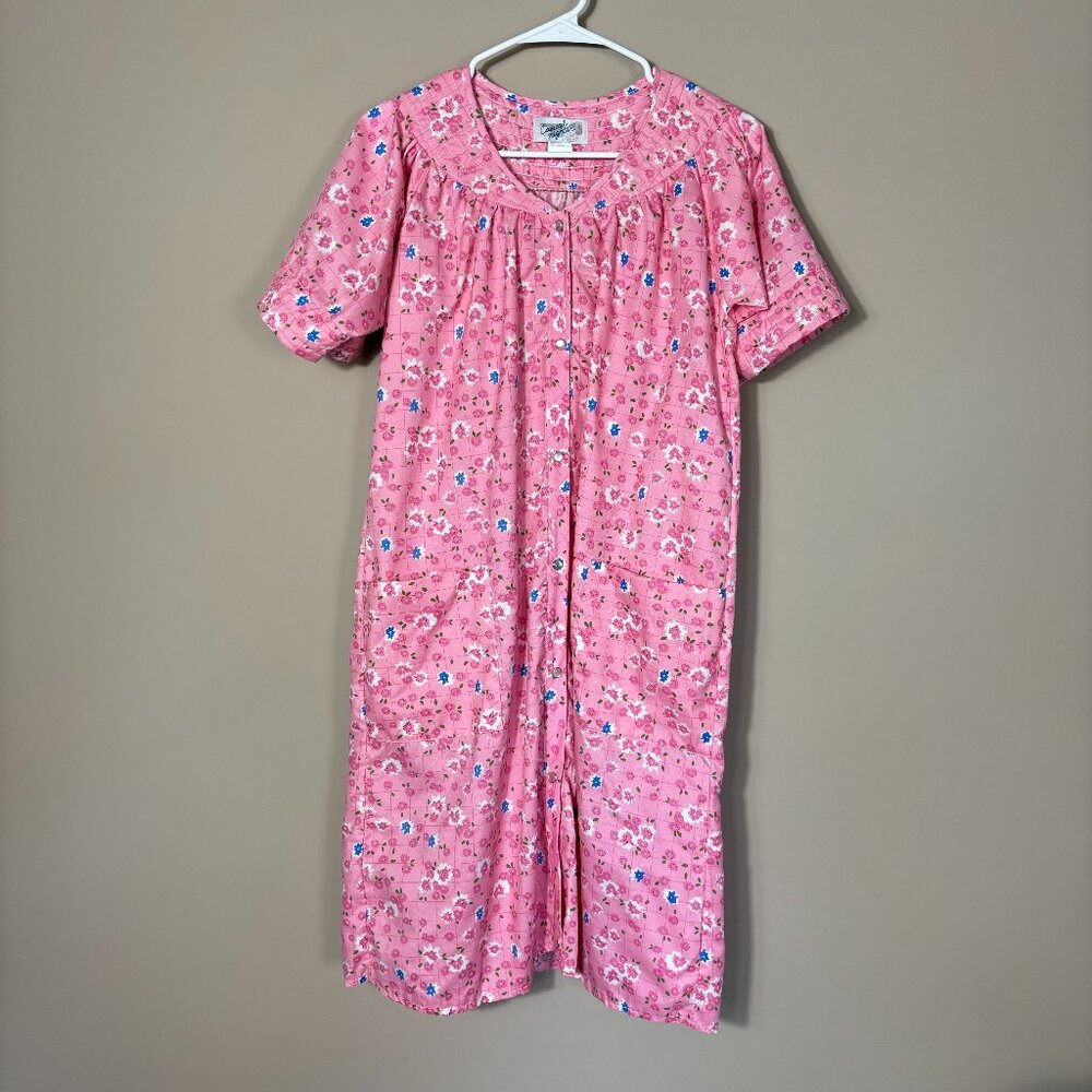 Pink Floral Button-Front House Dress